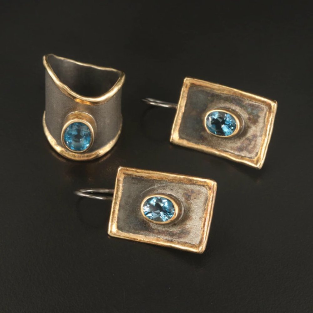 SOLD!!Yianni Creations "Eclyps" 950 Silver London Blue Topaz Ring and Earrings